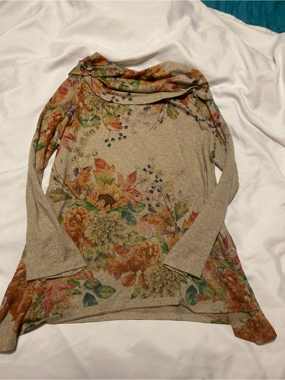ONE WORLD Floral Cowl Neck Sweater in Beige with Autumn Accent Colors